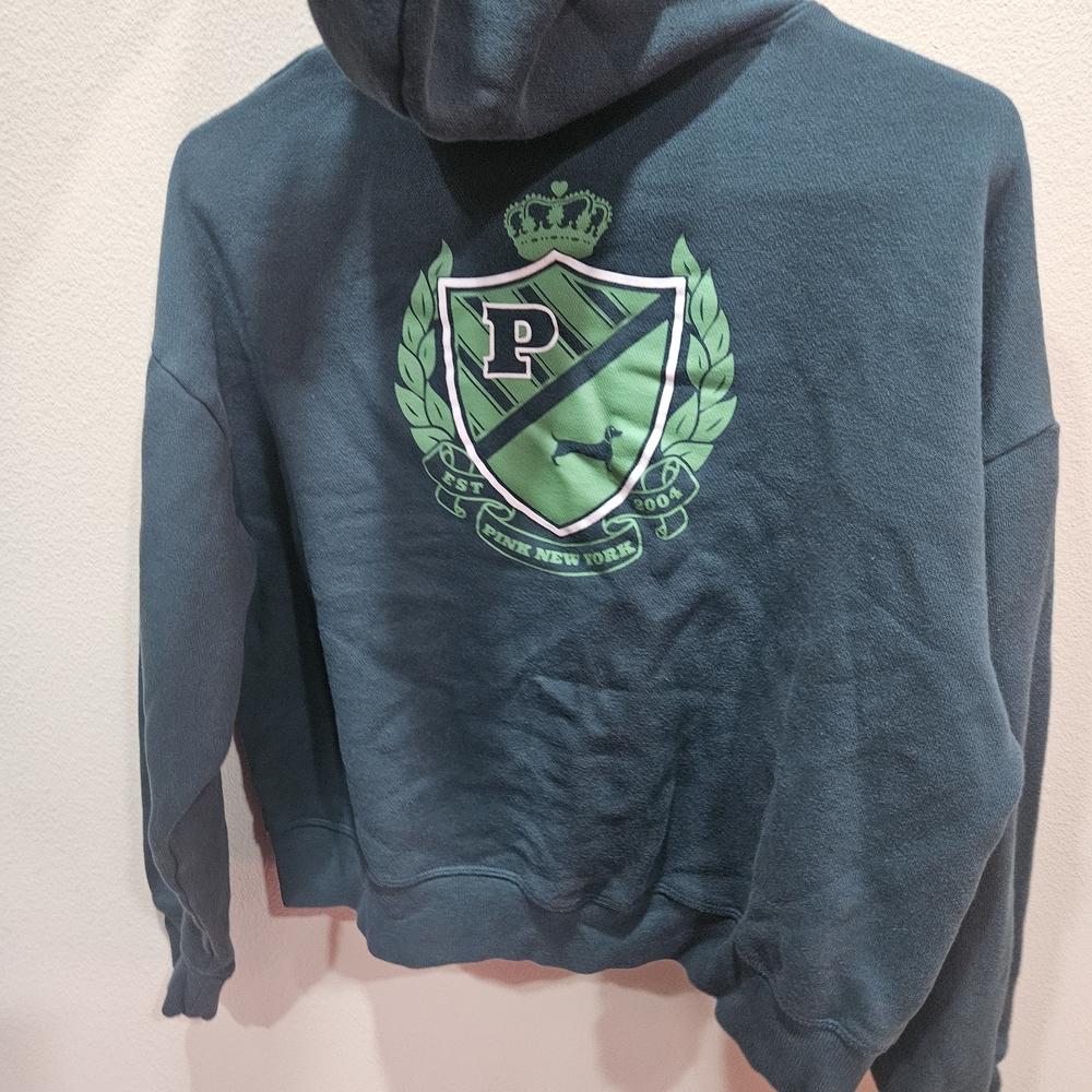 PINK Victoria's Secret Teal Hoodie with Lime Crest